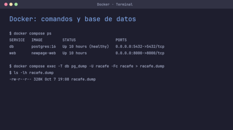 Terminal con docker compose ps y el comando pg_dump que exporta la base de datos