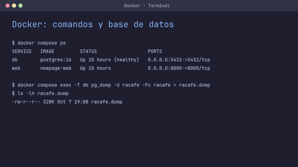 Terminal con docker compose ps y el comando pg_dump que exporta la base de datos